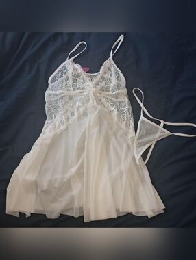 NEW Sheer Lace Chemise Nightdress with Matching Thong - White